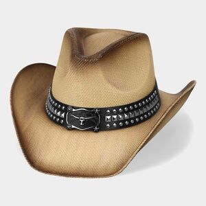Metal Steer Head Emblem Studded Leather Band Western Straw Cowboy Fedora Hat
